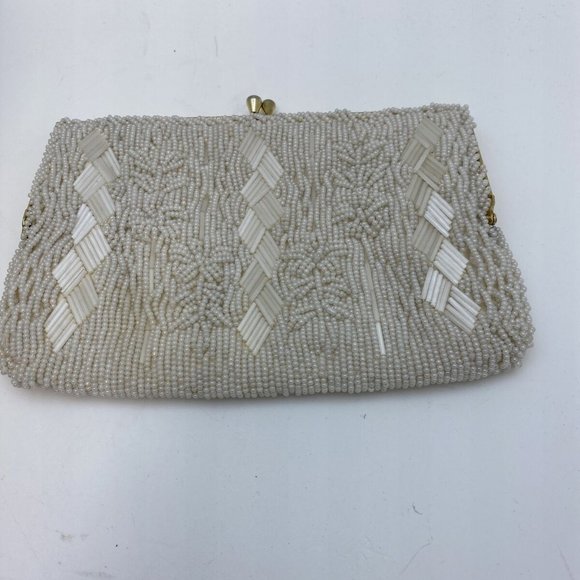 Du-Val Beaded Mini Purse Creamy White 1950's Floral - Picture 1 of 5